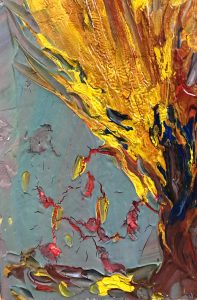 Abstraktes Gemälde in Blaugrau-, Rot und Gelbtönen von Klaus J. Bade