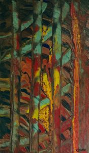 Abstraktes Gemälde in Grün-, Rot und Gelbtönen von Klaus J. Bade